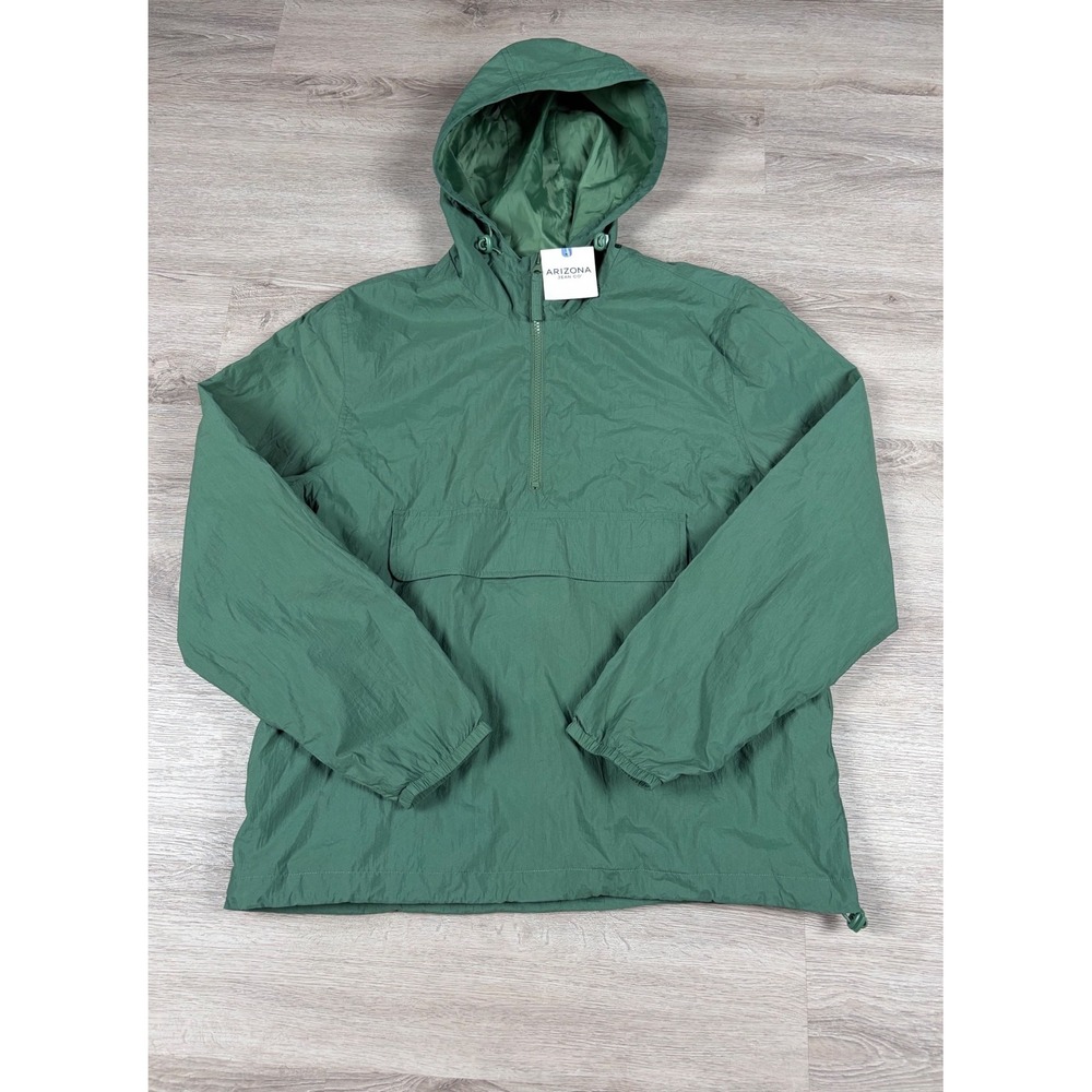 NWT Arizona Jean Co Anorak Windbreaker Mens Small Green Half Zip Hooded Jacket